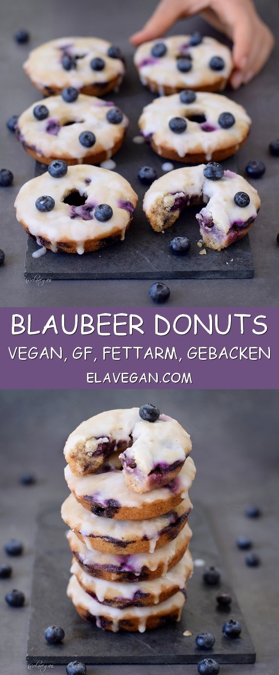 Vegane Donuts mit Blaubeeren und einer Zitronenglasur. Diese Heidelbeer Donuts sind vegan, pflanzlich, glutenfrei, fettarm, zuckerfrei, gesund und lecker!