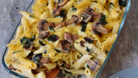 Cremiger veganer Nudelauflauf mit Champignons, Spinat, Blumenkohl und Käsesoße in einer Auflaufform