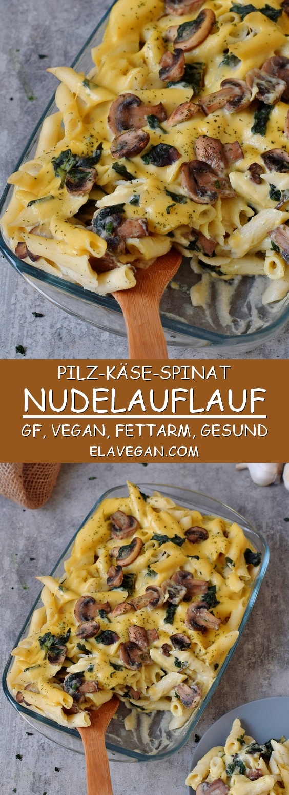 Pinterestcollage Nudel-Auflauf mit Spinat, veganem Käse und Champignons