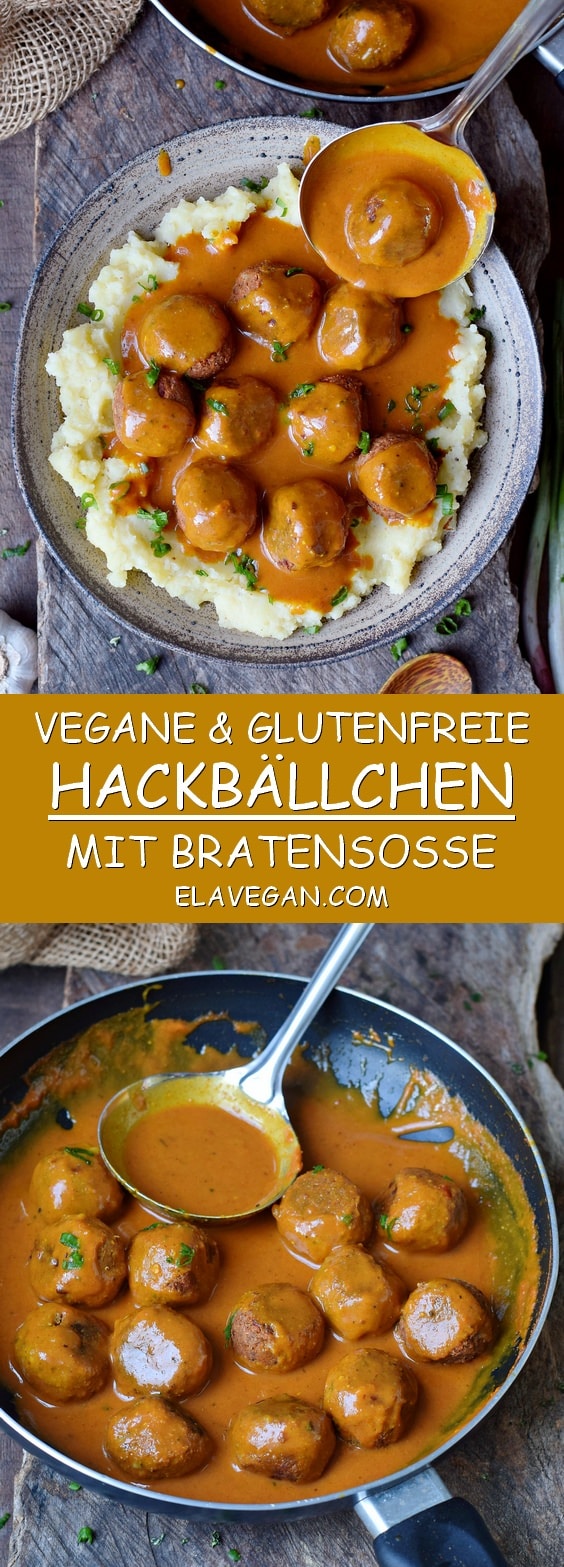 Vegane Hackbällchen mit Bratensoße und Kartoffelbrei Pinterest Collage