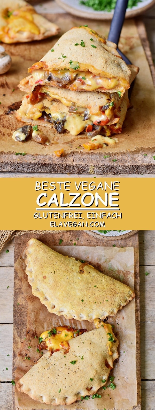 Beste vegane Calzone gefüllt mit Champignons, Paprikas, und Käse. Glutenfreies einfaches Rezept