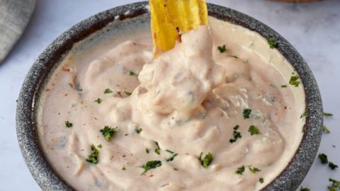 Zwiebeldip in Schale mit eingetauchtem Chip von Hand gehalten