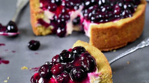 veganer Blaubeer-Käsekuchen mit einem Stück vorne