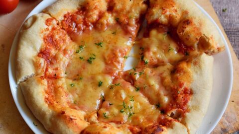 selbstgemachte italienische Pizza mit Tomatensoße und veganem Käse auf weißem Teller