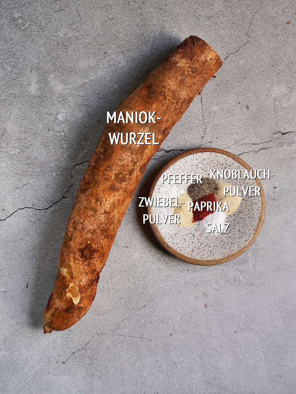 Zutaten für Maniok Pommes mit Beschriftungen