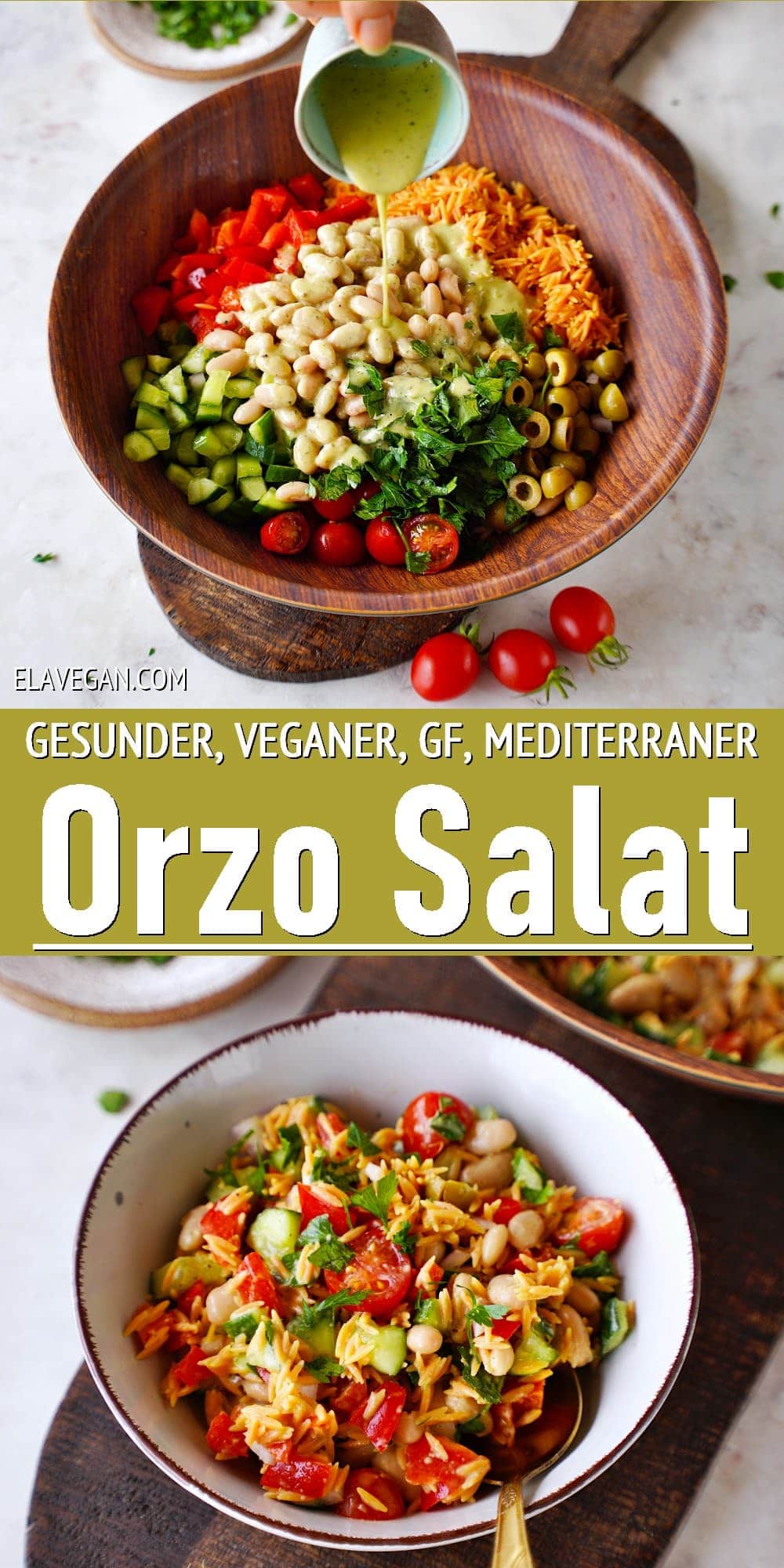 Pinterest Collage gesunder, veganer, GF, mediterraner Orzo Salat