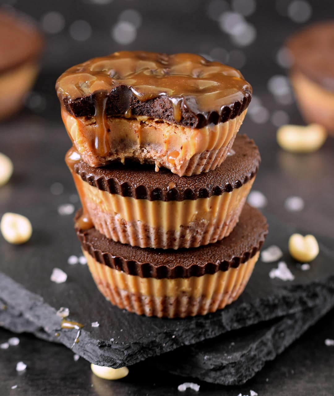 3 vegan peanut butter cups with salted caramel on top
