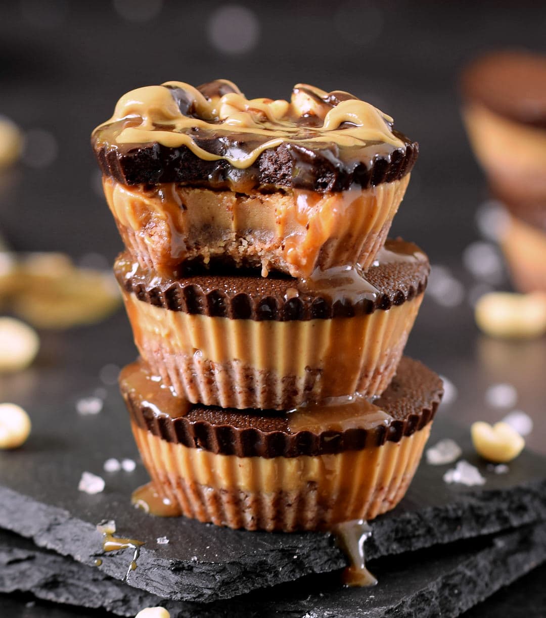 3 homemade vegan Reese's cups with salted caramel drizzle