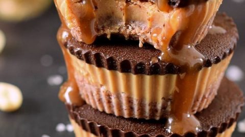 3 PB2 vegan peanut butter chocolate cups with caramel sauce
