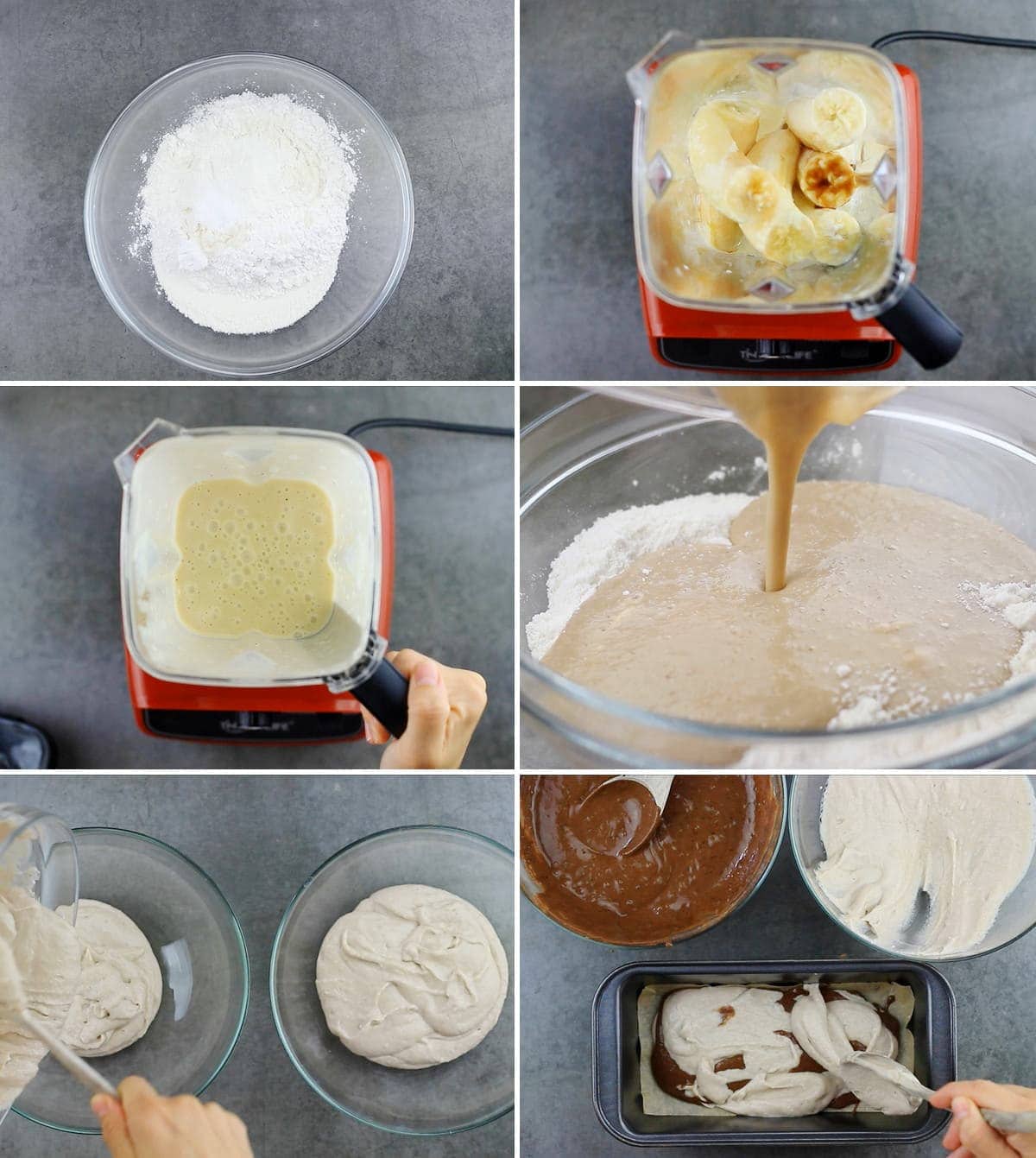 6 step-by-step photos showing how to make zebra cake