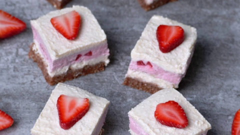 Strawberry coconut cheesecake bars vegan no bake recipe