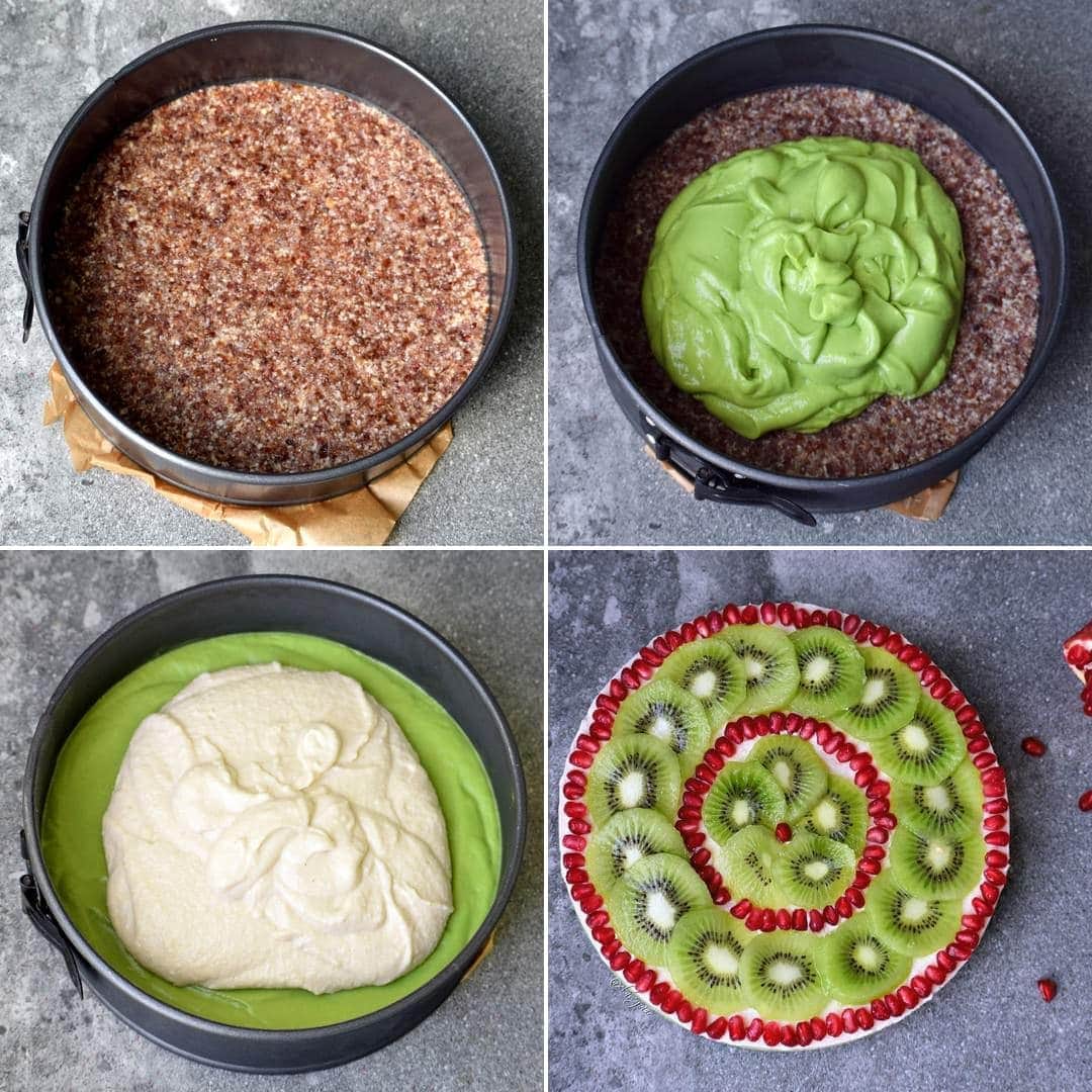 4 step-by-step photos how to make an avocado cheesecake with kiwi topping