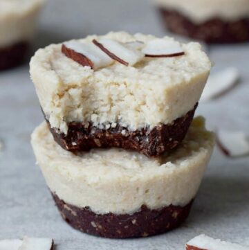 stack of 2 no-bake coconut cups with chocolate crust