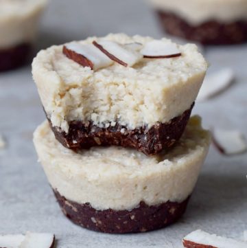 stack of 2 no-bake coconut cups with chocolate crust