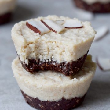stack of 2 vegan coconut cups with chocolate crust