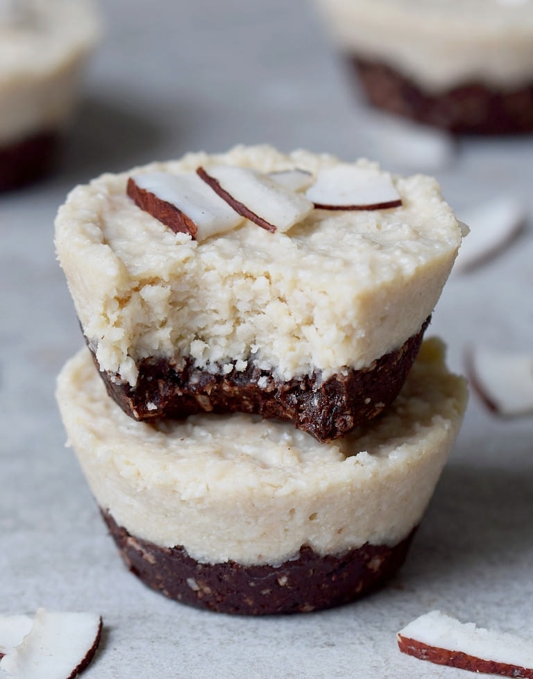 stack of 2 vegan coconut cups with chocolate crust