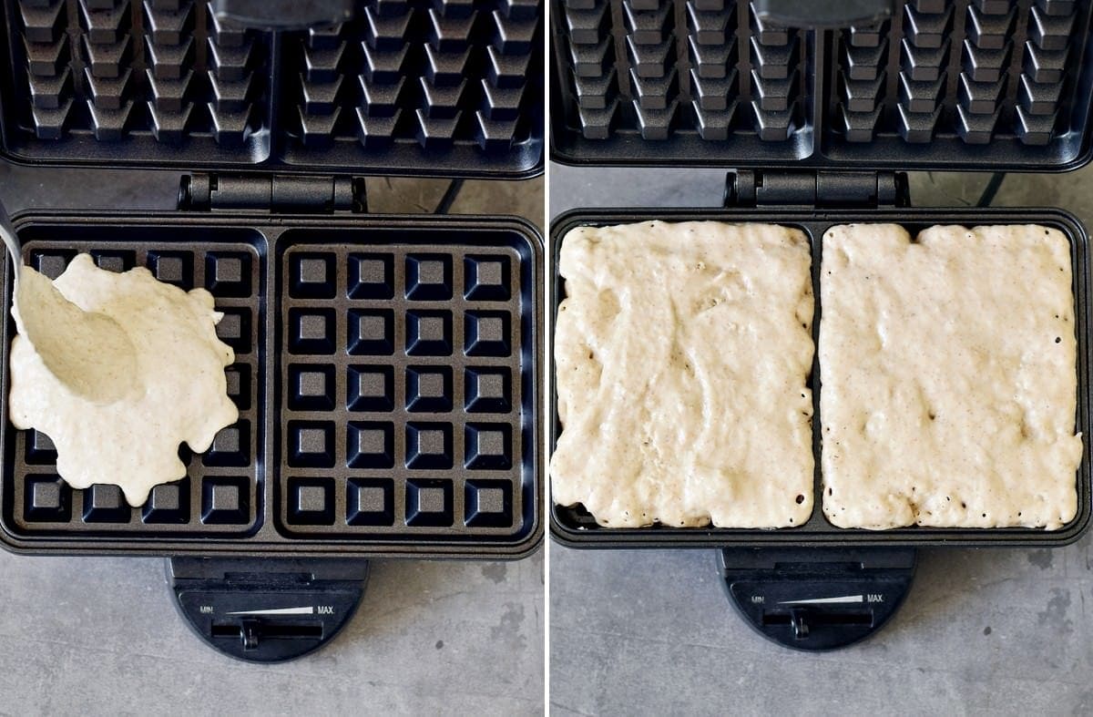 2 step by step photos showing how to pour waffle batter to waffle machine