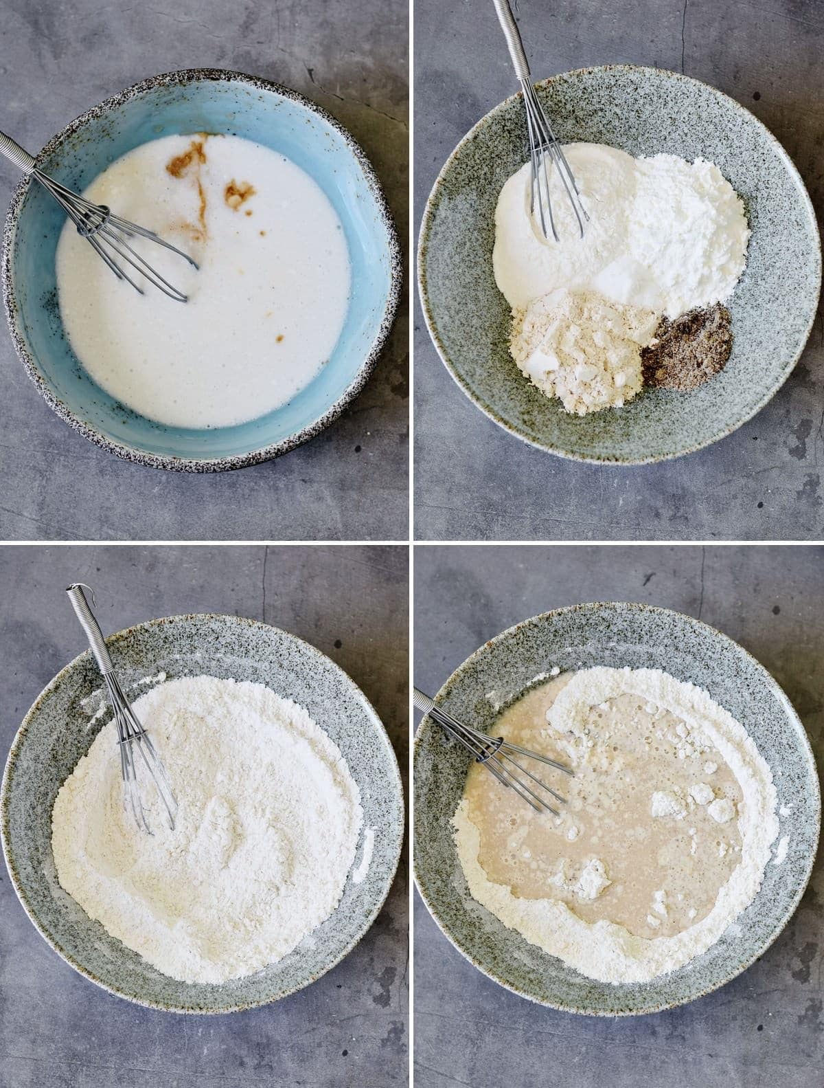 4 step by step photos showing how to mix waffle batter