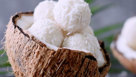 Coconut candy balls in a coconut shell