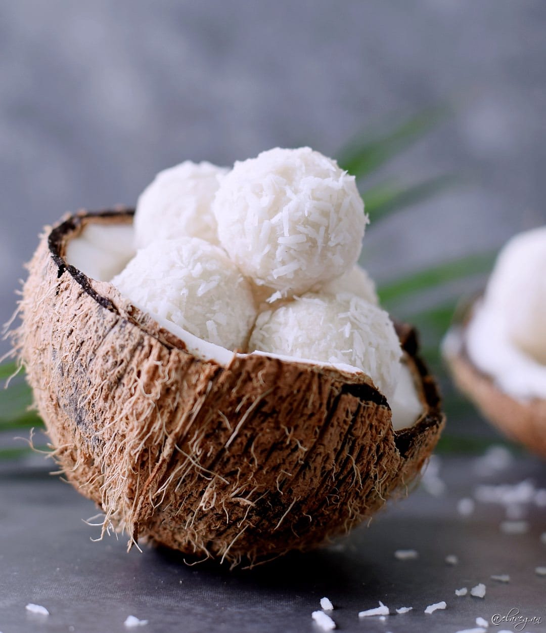 Homemade coconut candy balls in a coconut shell