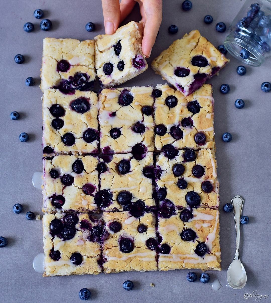 Sheet pan pancakes from above with blueberries vegan gluten-free easy