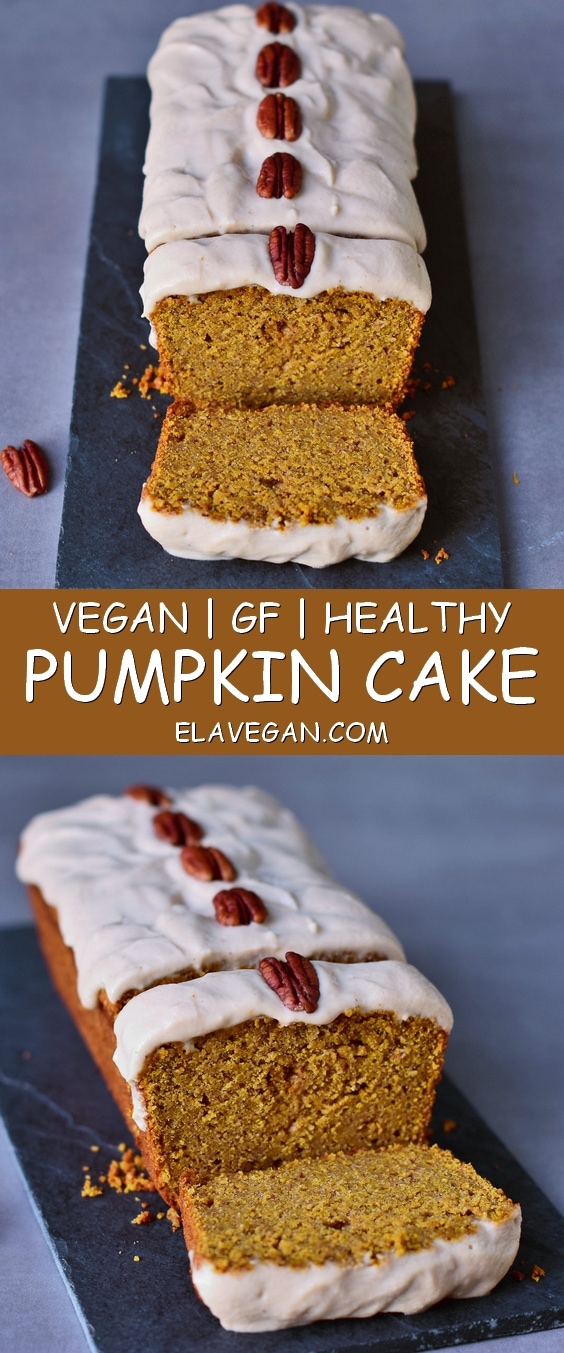Vegan pumpkin cake with a fluffy cashew frosting. This vegan cake is gluten-free, oil-free, plant-based (egg-free, dairy-free), easy to make and healthy. Perfect recipe for autumn/fall