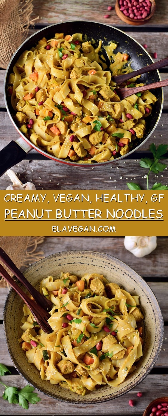Creamy vegan peanut butter noodles with veggies and textured soy protein (gluten-free)