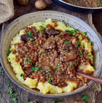 Easy lentil stew with mashed potatoes. This recipe is a great comfort food which is vegan, gluten-free and grain-free. You can add your favorite veggies and enjoy this dish for lunch or dinner.