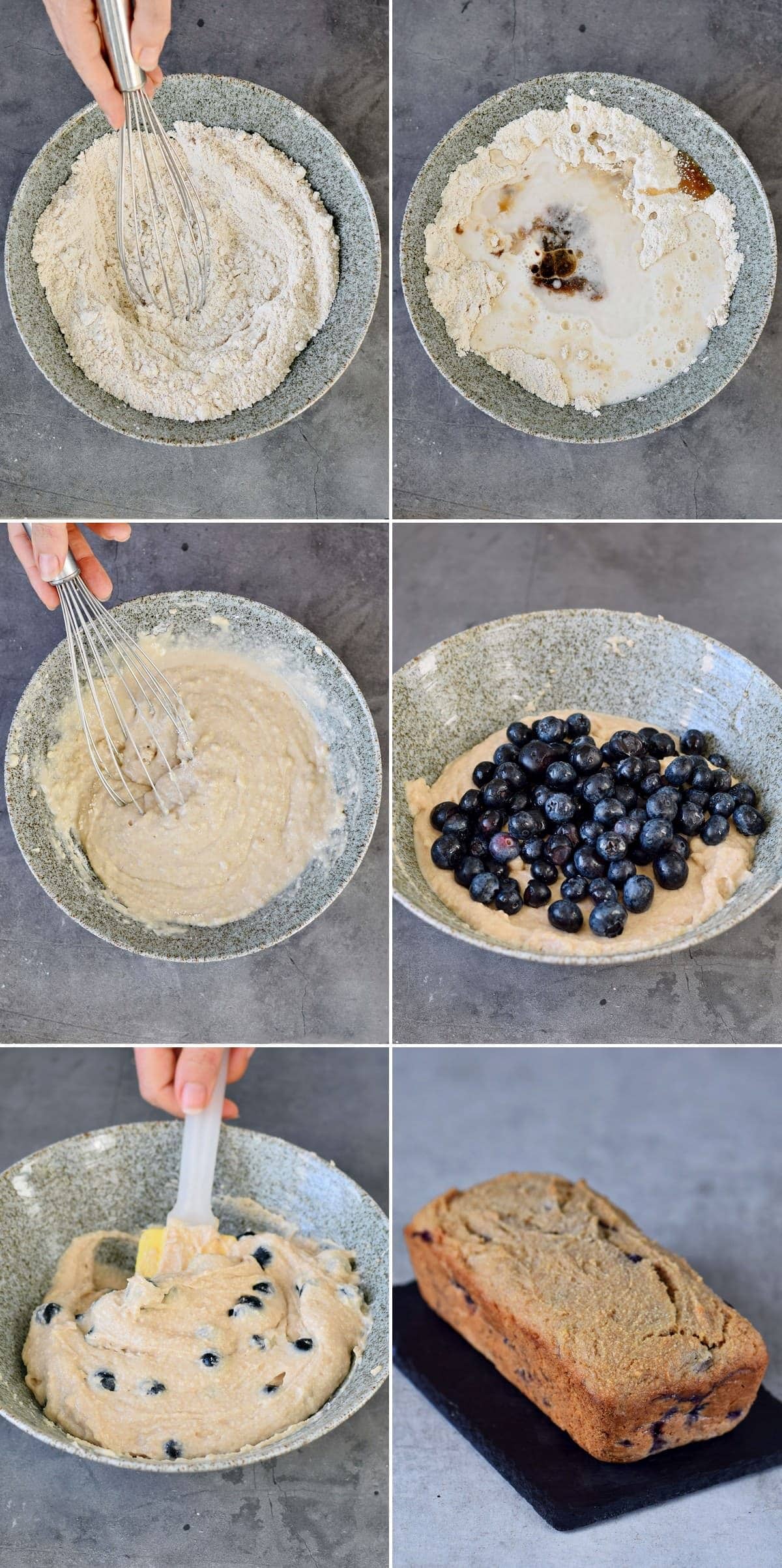 6 step-by-step photos how to mix batter for banana loaf with blueberries