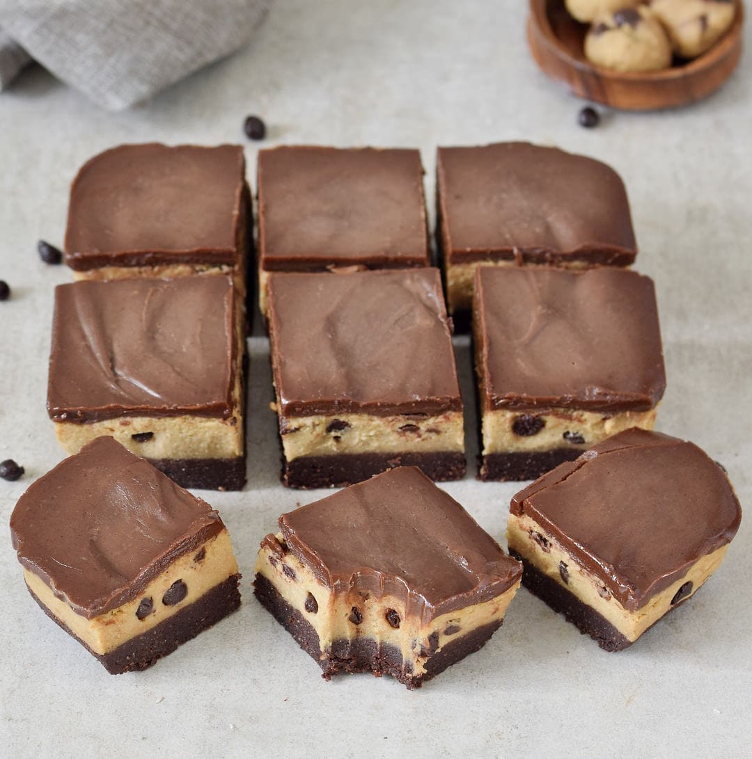 vegan and gluten-free no-bake cookie dough bars from above with chocolate chips