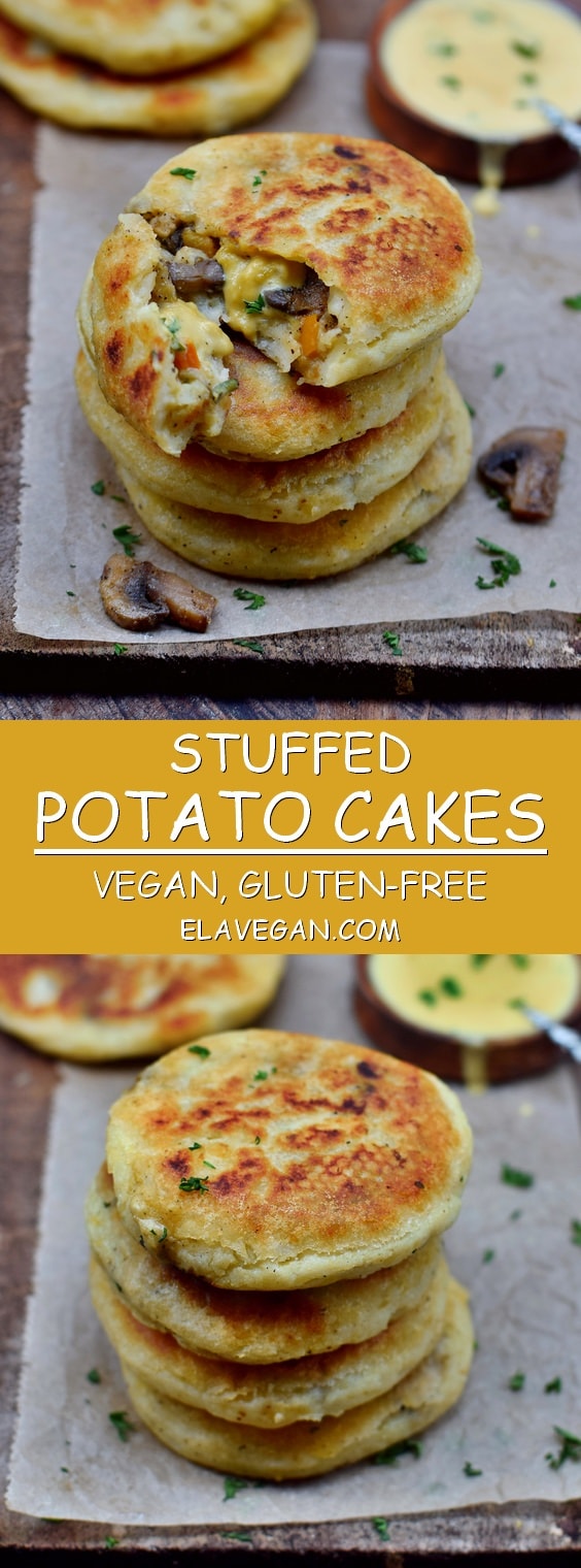 Pinterest collage of cheesy vegan stuffed potato cakes