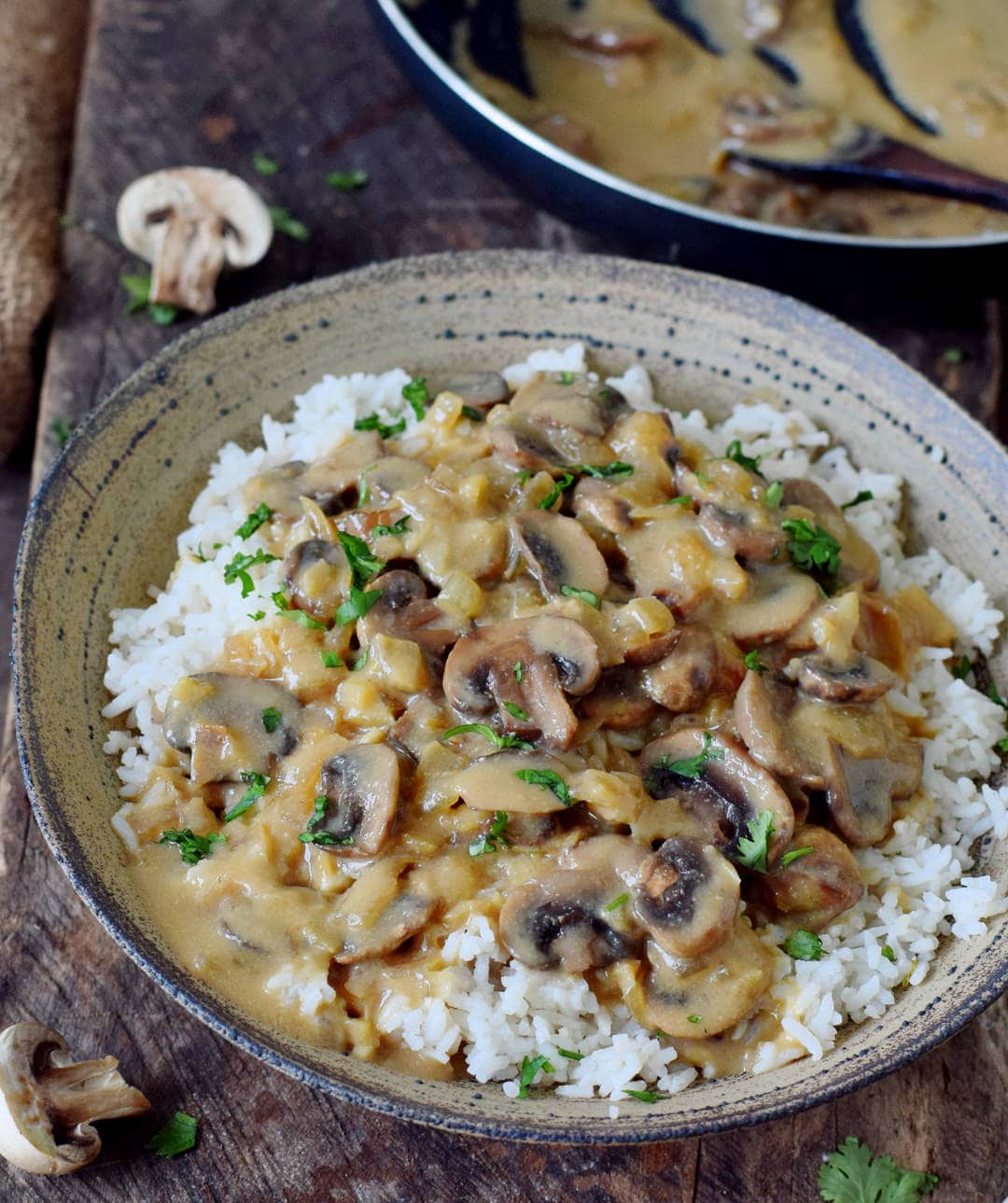 close-up of brown sauce with mushrooms over rice in a bowl