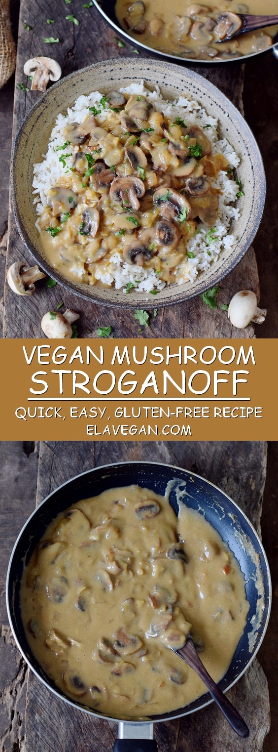 Pinterest collage quick vegan mushroom stroganoff with gluten-free rice