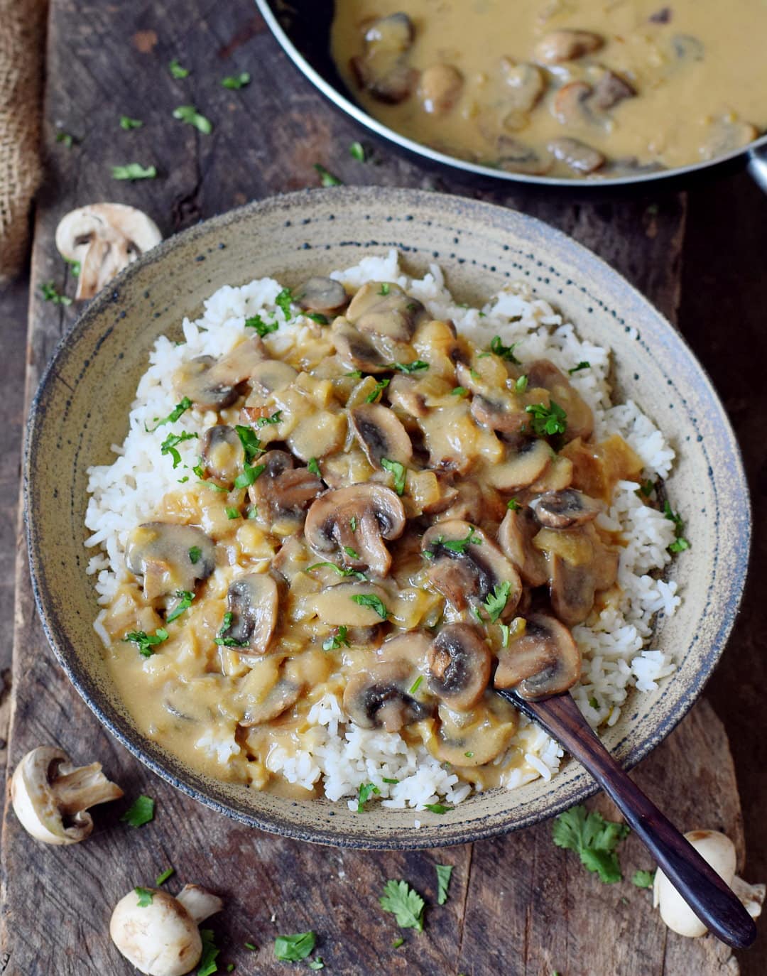 mushroom stroganoff over rice in a bowl with spoon
