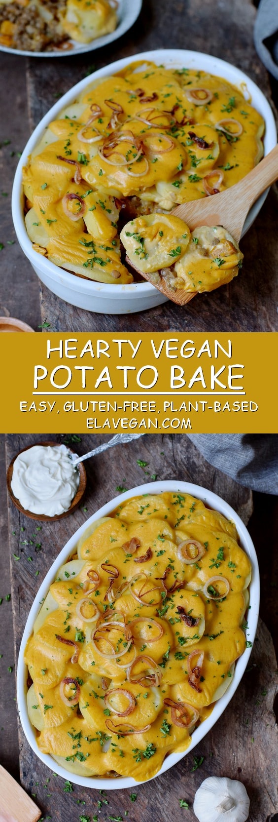 hearty vegan potato bake (casserole/gratin) in a round baking dish