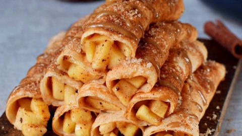 10 apple cinnamon crepes drizzled with homemade caramel sauce