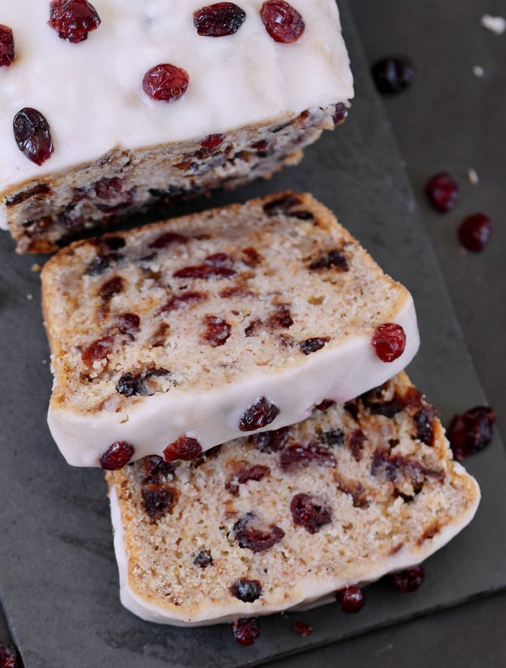 Close-up of gluten-free vegan bread with cranberries and sugar-free frosting