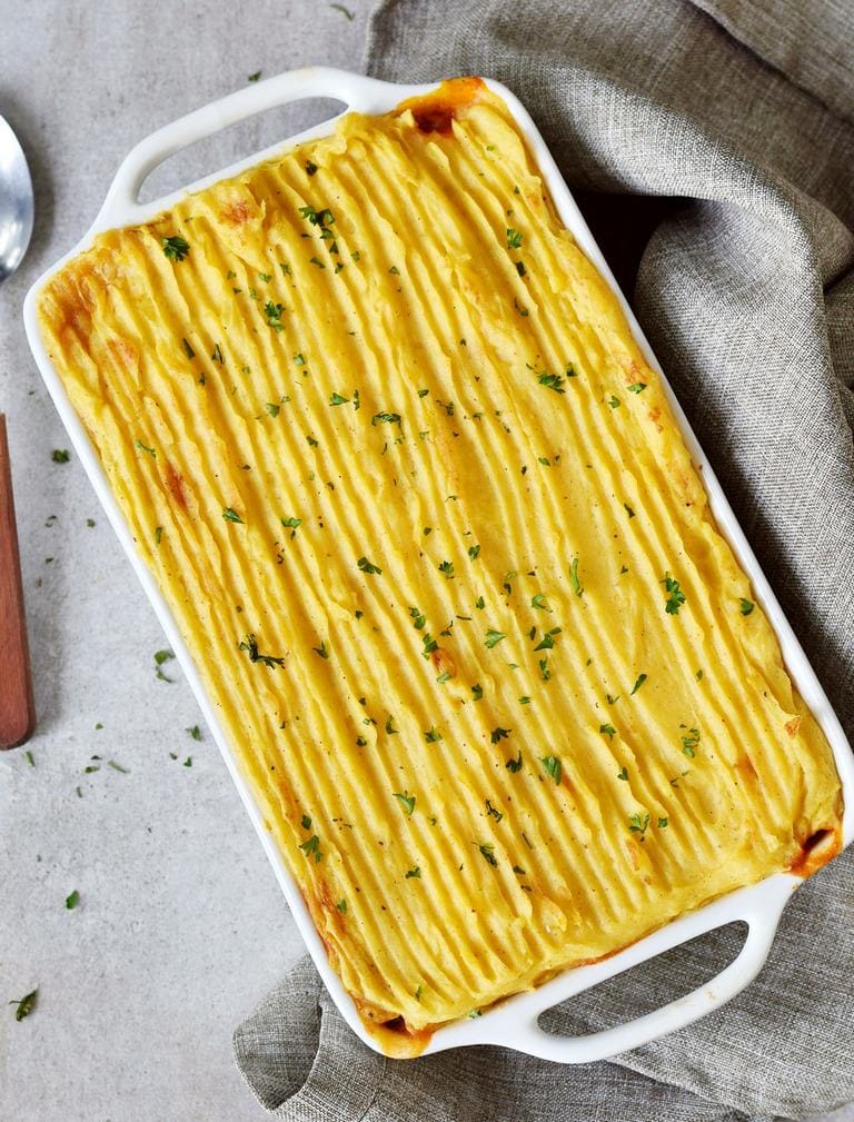 Plant-based cottage pie from above