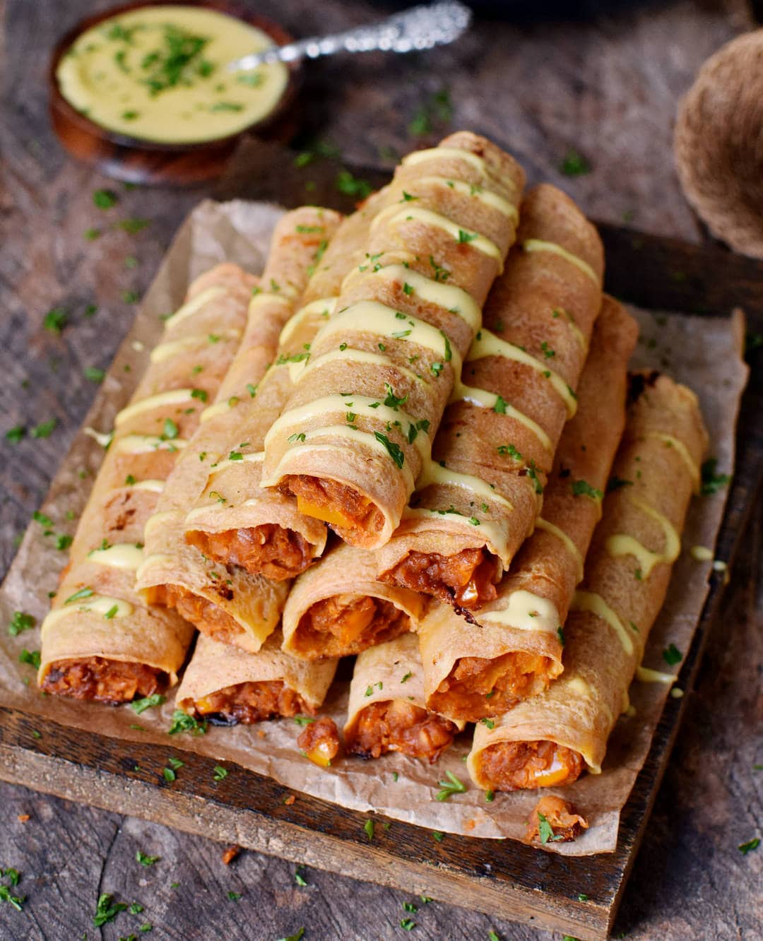 Baked Buffalo chickpea taquitos from above