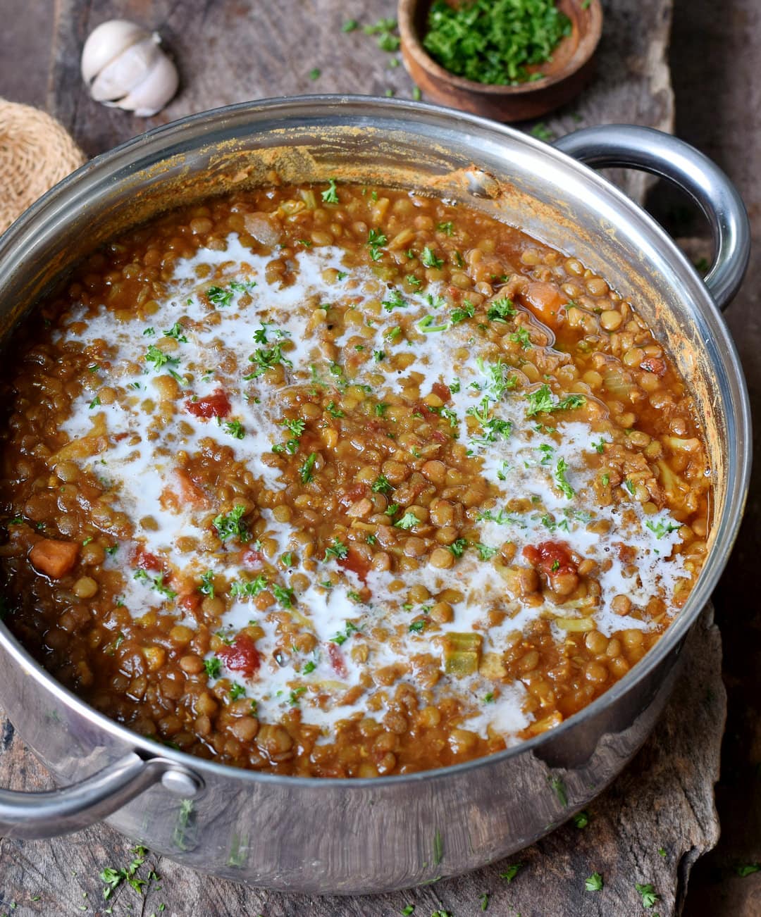 Vegan lentil soup in a large pot