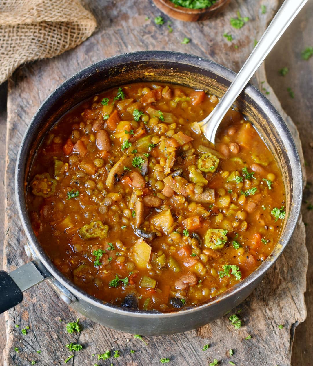 Vegan gumbo with lentils in a pot