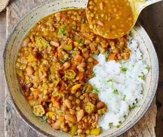 gluten-free vegan gumbo with rice in a bowl 320x320