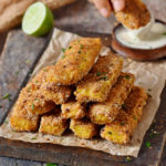 polenta fries with gluten-free breading and vegan garlic dip