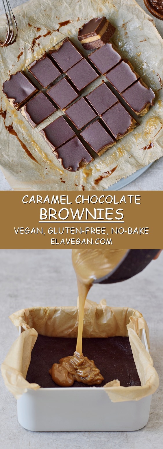 pinterest collage of caramel chocolate brownies vegan gluten-free no-bake