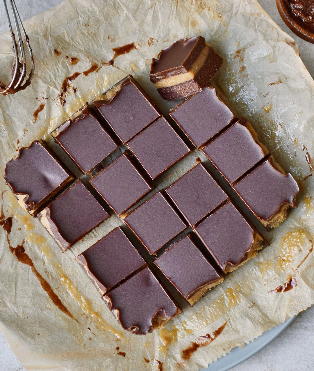 caramel chocolate brownies cut into 16 pieces from above