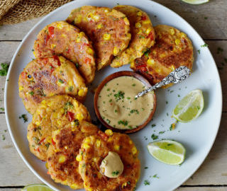 vegan veggie fritters with corn pepper gluten-free recipe on a plate 320x320