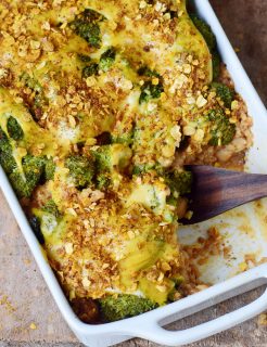 cooked quinoa bake in a white pan