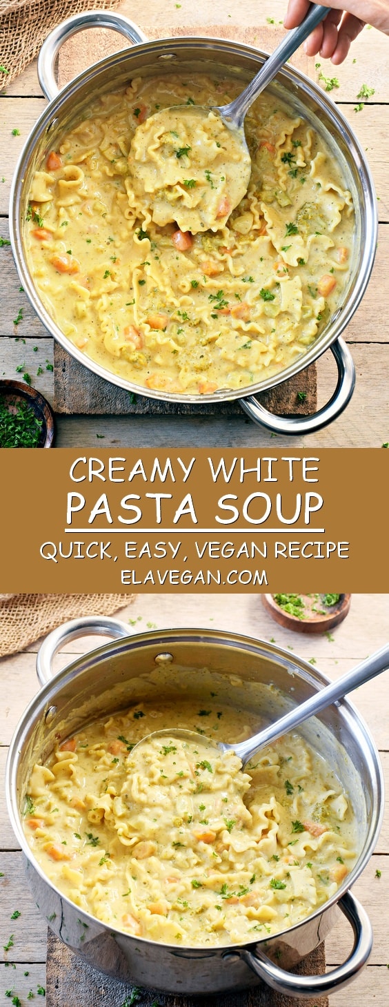 Quick easy creamy pasta soup! This vegan gluten-free protein-rich recipe contains cashews and cannellini beans