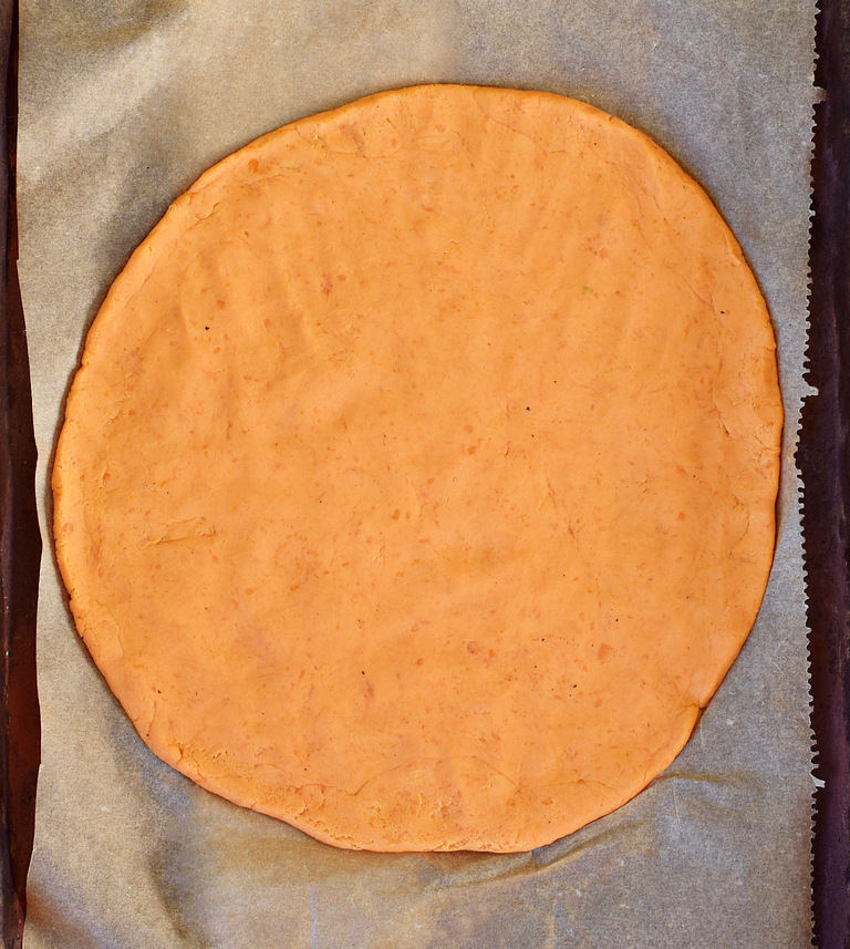 Rolled out sweet potato pizza dough
