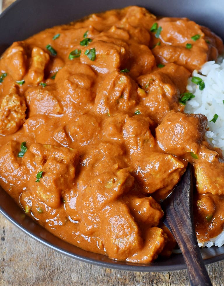 meat-free Tikka Masala curry close-up made with soy curls